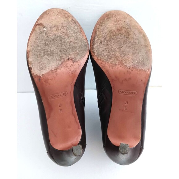 Coach Sondra Choc Brown Leather Heeled Bootie Gold Logo Buckle Strap Side Zip 9M - Picture 11 of 12